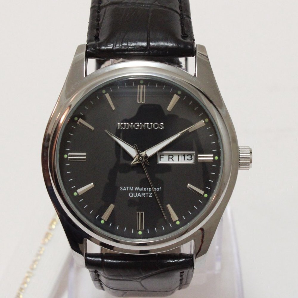 Men's Contemporary Dress Watch Silver Case Black Leather Watch Strap 40mm - Picture 6 of 13